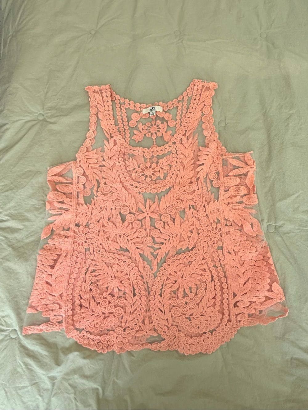 Embroidered and Mesh Lace Sleeveless Tank Top - Peach